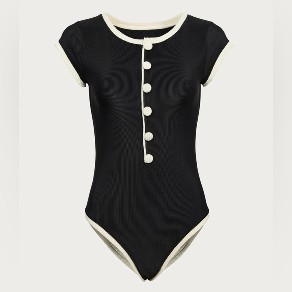 SAME Los Angeles The Grace One Piece Swimsuit Ribbed Black Cream Size Medium